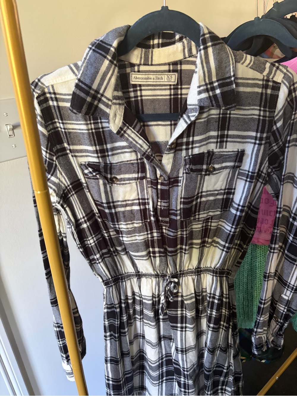 Abercrombie & Fitch Black and White Plaid Flannel Drawstring Shirt Dress
